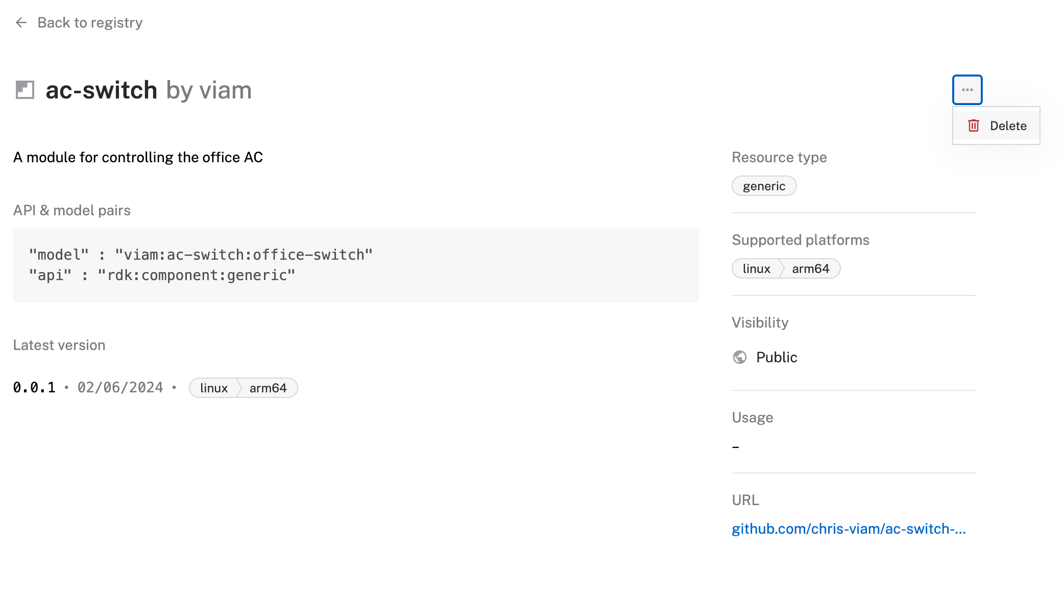 A module page with the ... menu open. Delete is the only option in the menu.